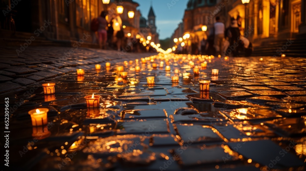 Obraz premium As the sun sets, a brilliant orange glow reflects off the ground as the night sky is illuminated by the flickering light of candles lining the city sidewalk