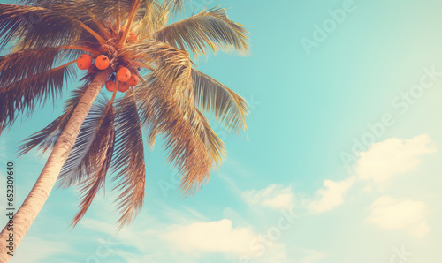 Tropical landscape featuring a prominent palm tree under a vast blue expanse.