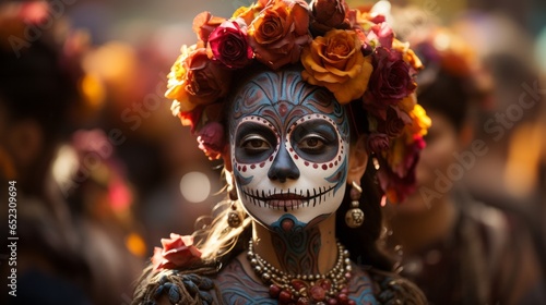 At a festival, a woman wearing a colorful masque of face paint and flowers in her hair embodies a mix of horror and joy in her vibrant, wild clothing