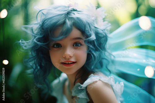 Portrait of the cutest fairy princess birthday girl with her hair colored blue posing in garden with happy smiles and adorable frilly dress. Depicting imaginary bliss of childhood dreams and joy. © SoulMyst