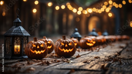 On a crisp halloween night, the wood surface was illuminated by the flickering light of the carved pumpkins, invitingly transforming the outdoor space into a magical