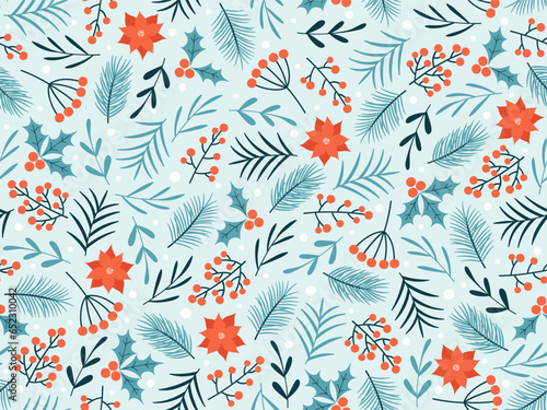 Christmas seamless pattern with hand drawn winter floral elements.
