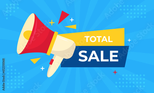 Vector banner total sale countdown badge. Last time offers icon. Last chance, last day promo discount. Megaphone on blue background