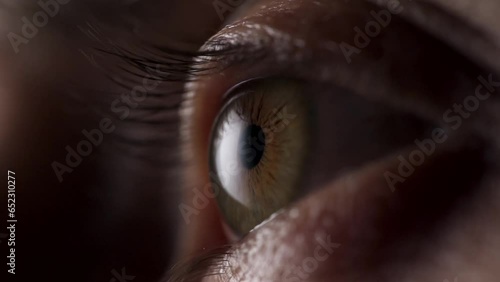 Man's Eye Opens Slow Motion, Extreme Close Up. Close-up of Iris and Pupil of Eye