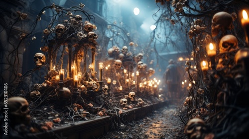 On a wintery night in a mysterious forest, a group of skulls surrounded by candles casts a gentle yet eerie light, evoking a sense of christmas magic and foreboding photo