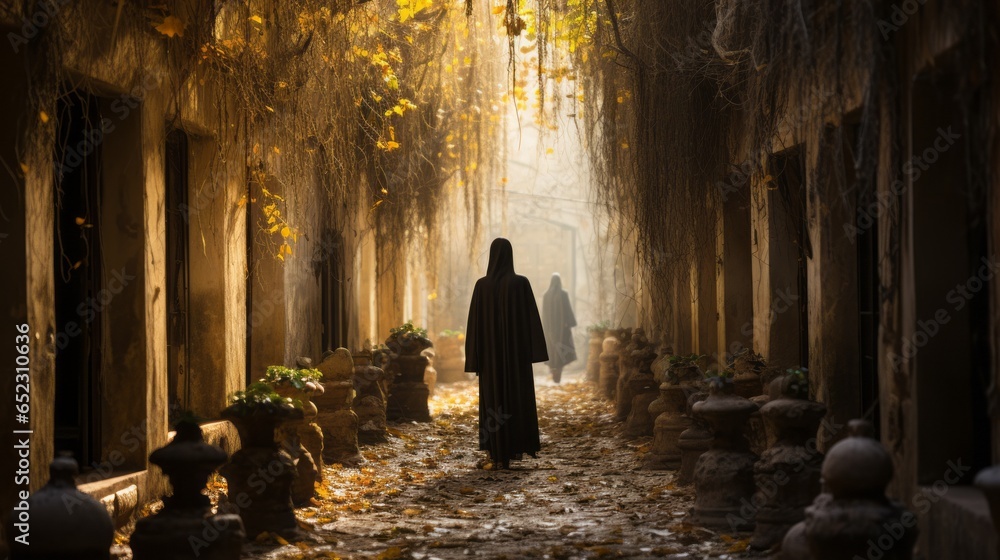 A solitary figure shrouded in a colorful autumnal robe traverses a deserted alleyway, their muted presence accentuating the stillness of the street