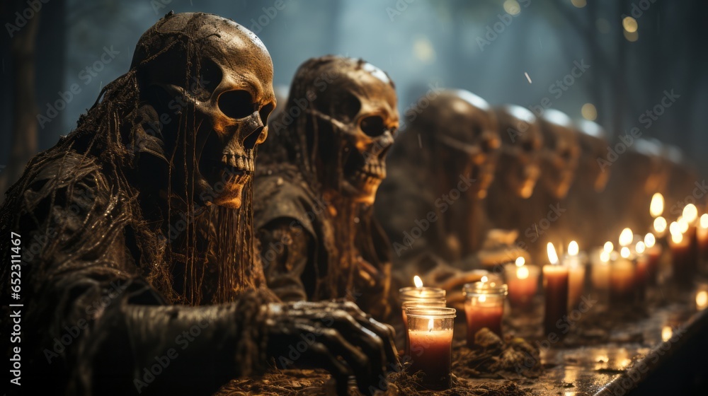 A solemn group of skull masks stands illuminated by flickering candles, evoking a mysterious atmosphere within the indoor space