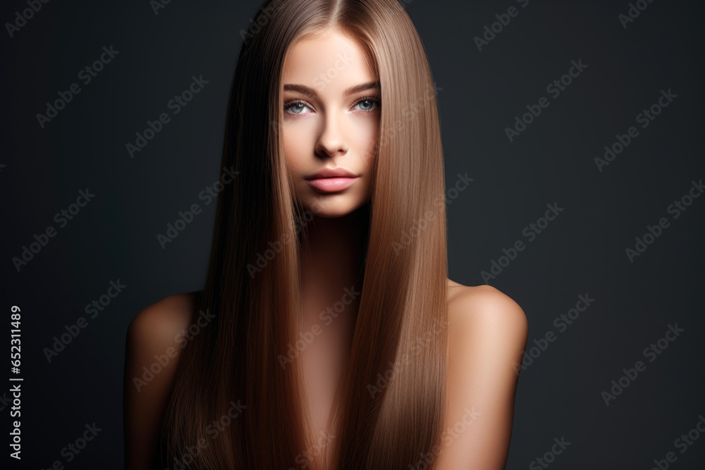 Fototapeta premium portrait of a woman with long hair. front view. Shampoo advertising, hair care. Generative Ai