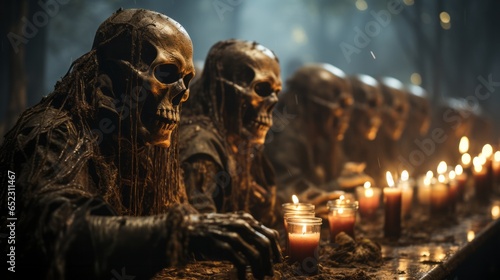 A solemn group of skull masks stands illuminated by flickering candles, evoking a mysterious atmosphere within the indoor space © Envision