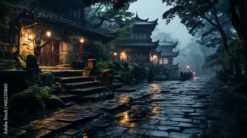 On a misty night, a stone path meanders through a tranquil landscape of trees, plants, and houses, beckoning travelers to explore the wonders of the natural world