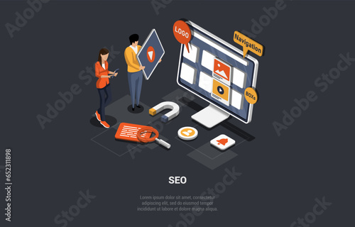 Search Engine Rank, Seo Optimization, SEO Digital Marketing. Seo Marketing And Analytics, Online Ranking Result. Man And Woman Working In Front Of Computer Screen. Isometric 3D Vector Illustration