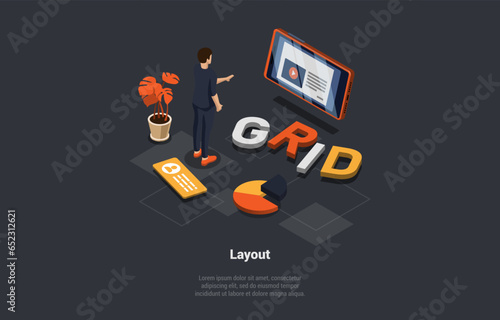 Application For Smartphone And PC With Analytics Data. Developer Analyzing Trends, Stats, Software Development, Content Marketing, Make Logo, Grid, Layout. Isometric 3d Cartoon Vector Illustration © Intpro