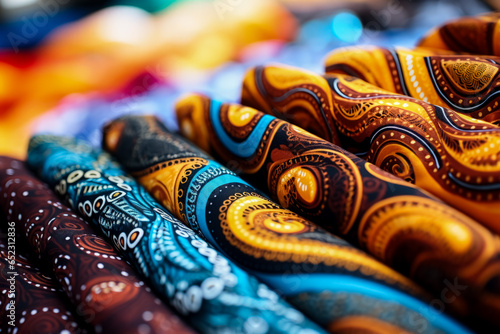 Detailed close-up shots of vibrant batik fabric patterns on textile backgrounds 
