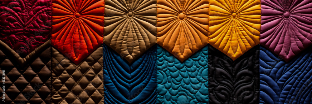 Extreme close-ups of elaborate quilting patterns on diverse textile backgrounds Extreme close-ups of elaborate quilting patterns on diverse textile backgrounds