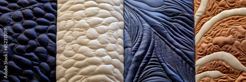 Extreme close-ups capturing the intricate patterns of textural quilting on textiles 