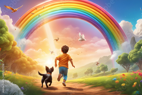 child and a small dog running on a rainbow. Generative AI 