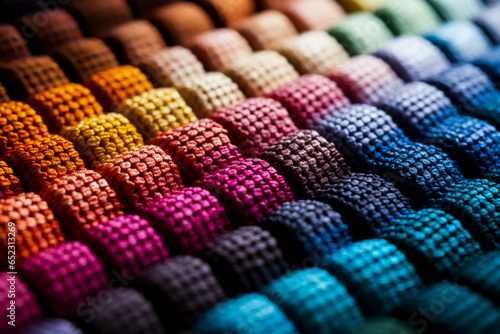 Macro images of cross-stitch patterns imprinted on multi-colored textile backgrounds 