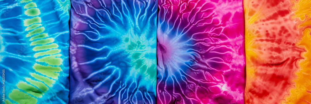 Macro shots of psychedelic tie-dye patterns on different textile surfaces 