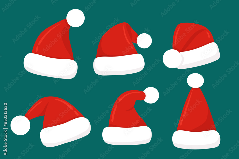 Vector set of Santa hats. Christmas holiday red head wear collection isolated on blue. Traditional season celebration decoration. Flat style Vector set of Santa hats. Christmas holiday red head wear collection isolated on blue. Traditional season celebration decoration. Flat style