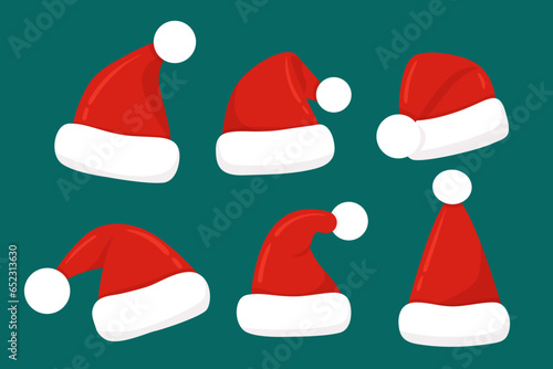 Vector set of Santa hats. Christmas holiday red head wear collection isolated on blue. Traditional season celebration decoration. Flat style photo