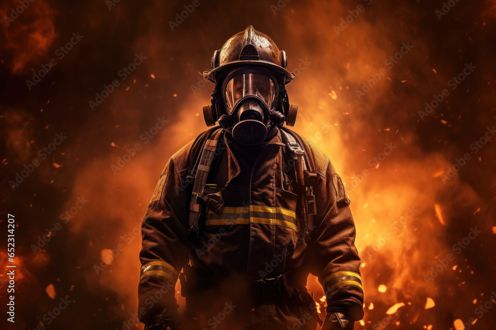 Brave firefighter in uniform standing in front of a massive fire