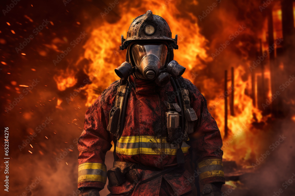 Brave firefighter in uniform standing in front of a massive fire