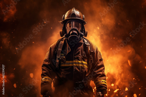 Brave firefighter in uniform standing in front of a massive fire © GoodandEvil