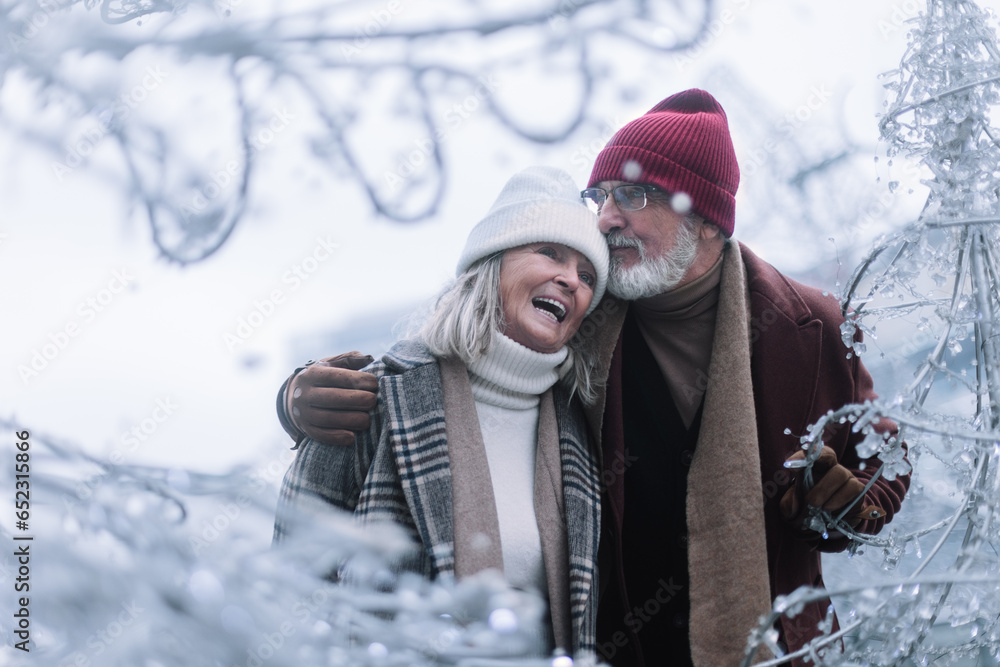 Fototapeta premium Senior couple walking in winter city center.