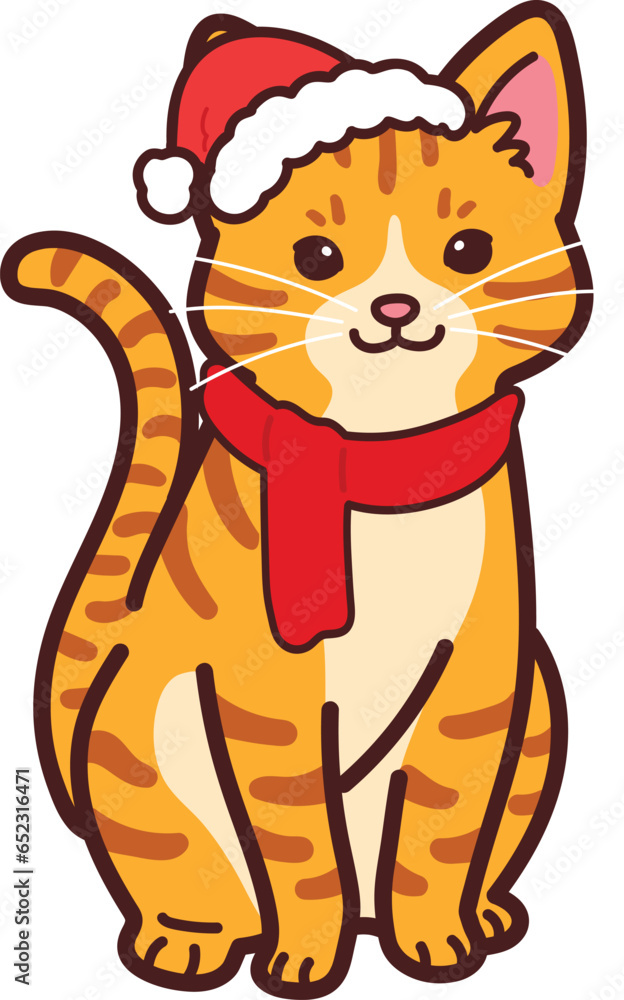 Fototapeta premium Simple and adorable Christmas orange tabby cat illustration outlined