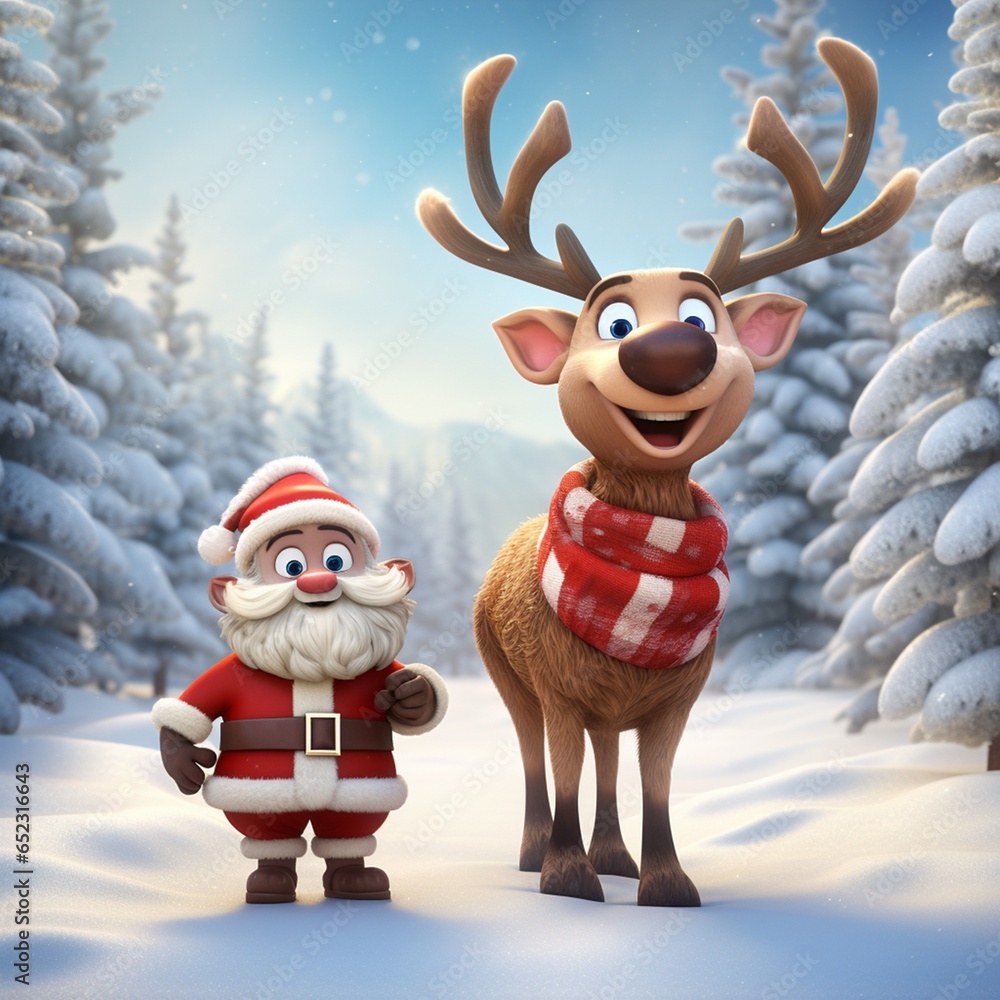 Cute Santa Claus with Rudolph reindeer, and snowy white christmas