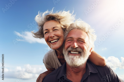 Photo of mature senior couple on the sky background