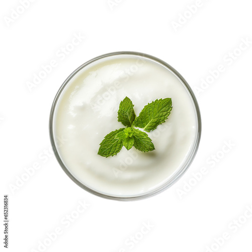 Top view of Turkish food Ayran Yogurt Drink isolated on a white transparent background photo