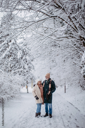 Elegant senior couple walking in the snowy park, during cold winter snowy day.