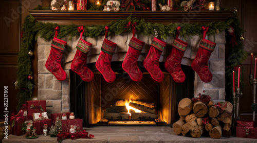 red christmas stockings above fireplace with decorations