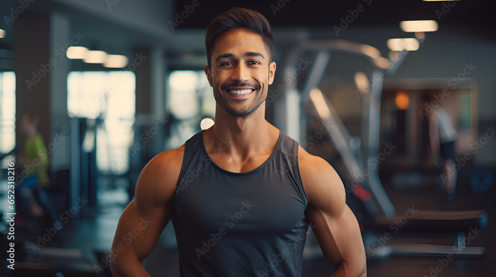 Muscular arabian man in sportswear, smiling and looking at the camera on the background of the gym. Personal trainer. The concept of a healthy lifestyle and sports.