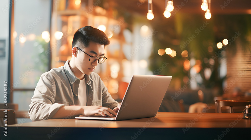 Asian young man in glasses working on laptop, freelancer boy or student with computer in cafe at table, looking at camera. Businessman working remotely using laptop beech while sitting in cafe Asian young man in glasses working on laptop, freelancer boy or student with computer in cafe at table, looking at camera. Businessman working remotely using laptop beech while sitting in cafe