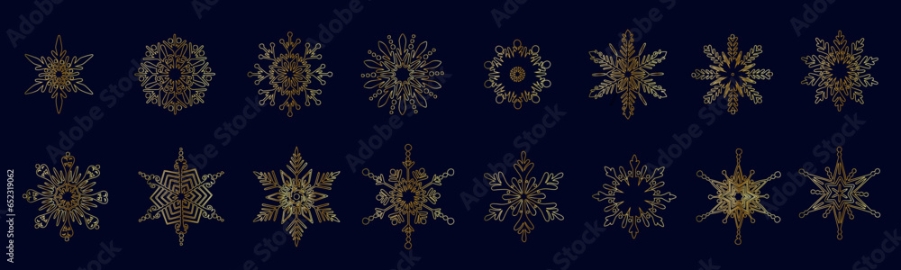 Set of various golden winter snowflakes.Vector graphics. Set of various golden winter snowflakes.Vector graphics.