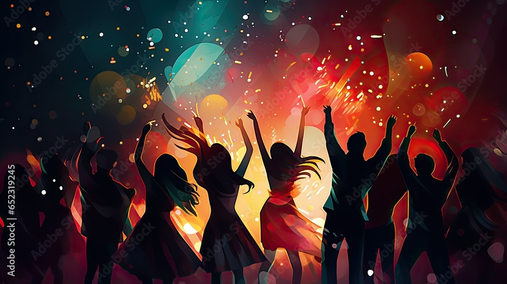 Silhouettes of dancing people at a party. Vector illustration. ai generative