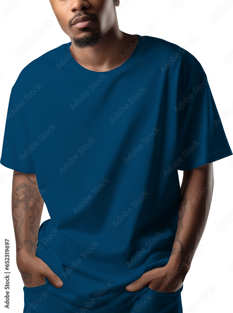 Mockup blue T-shirt on a brutal African American man, front view, PNG, Generative AI Mockup blue T-shirt on a brutal African American man, front view, PNG, Generative AI