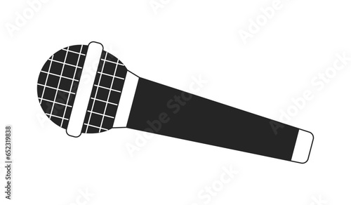 Microphone mic black and white 2D line cartoon object. Audio equipment isolated vector outline item. Standup device wireless. Voice record. Performing, podcasting monochromatic flat spot illustration