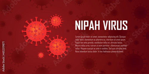 Nipah virus warning background, epidemic alert banner, dangerous health situation, red color abstract backdrop with virus cell, vector illustration, copy space for text