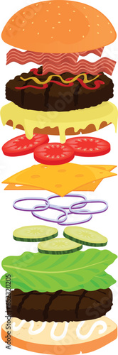 delicious cheeseburger and its ingredients: cheese, cream cheese, mayonnaise, onion rings, tomatoes, pickles, bacon, ketchup, mustard, lettuce, bread.