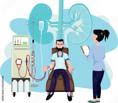 Patient undergoing hemodialysis treatment. habitual routine for chronic patient. Hemodialysis machine filtering his blood while doctor reviews medical records. Kidneys. medical concept.