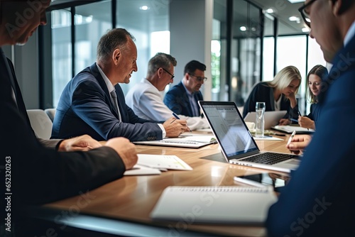 A diverse group of professionals, both men and women, collaborate in a corporate office meeting discussing strategy and teamwork to achieve success.