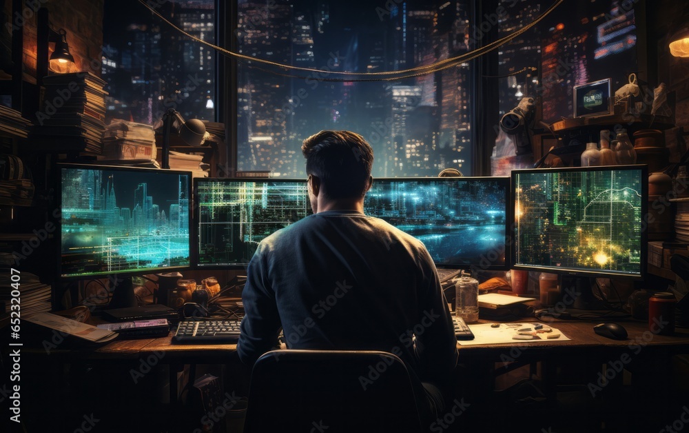 A male trader-investor working at a computer. Workplace of a man working at the stock exchange