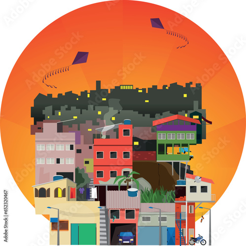 a suburban area of a big city in latin america. Shantytown at dusk.