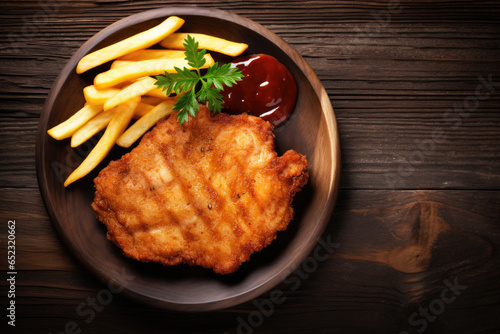Breaded German wiener schnitzel with French fries on the wooden background, top view