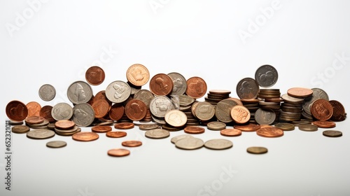 A bunch of coins on a white background