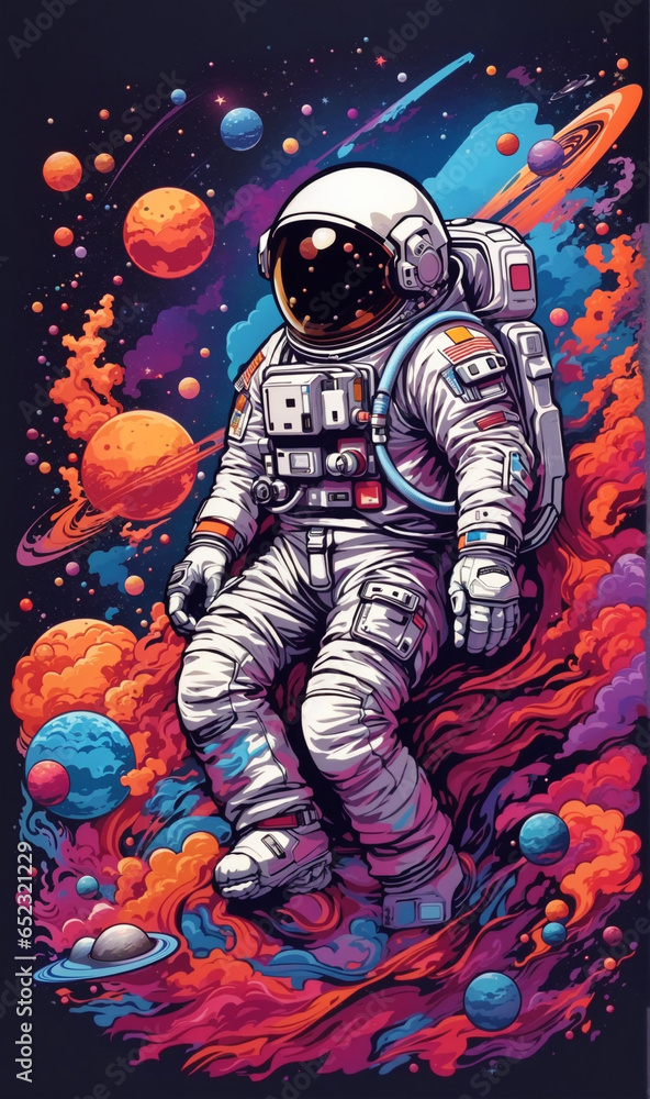Fototapeta premium Illustration of an astronaut in outer space with a rainbow colored atmosphere