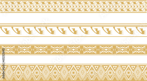 Vector set of seamless golden border ornament. Native American tribes framework. Endless patterns ethnic aztec, maya.